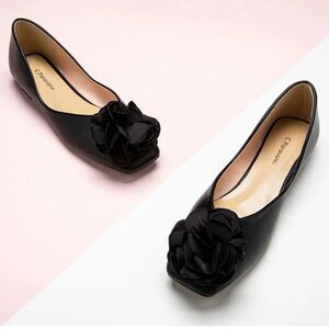 C. Paravano EVA Black Leather Floral Appliqué Squared Toe Classic Ballet Flats